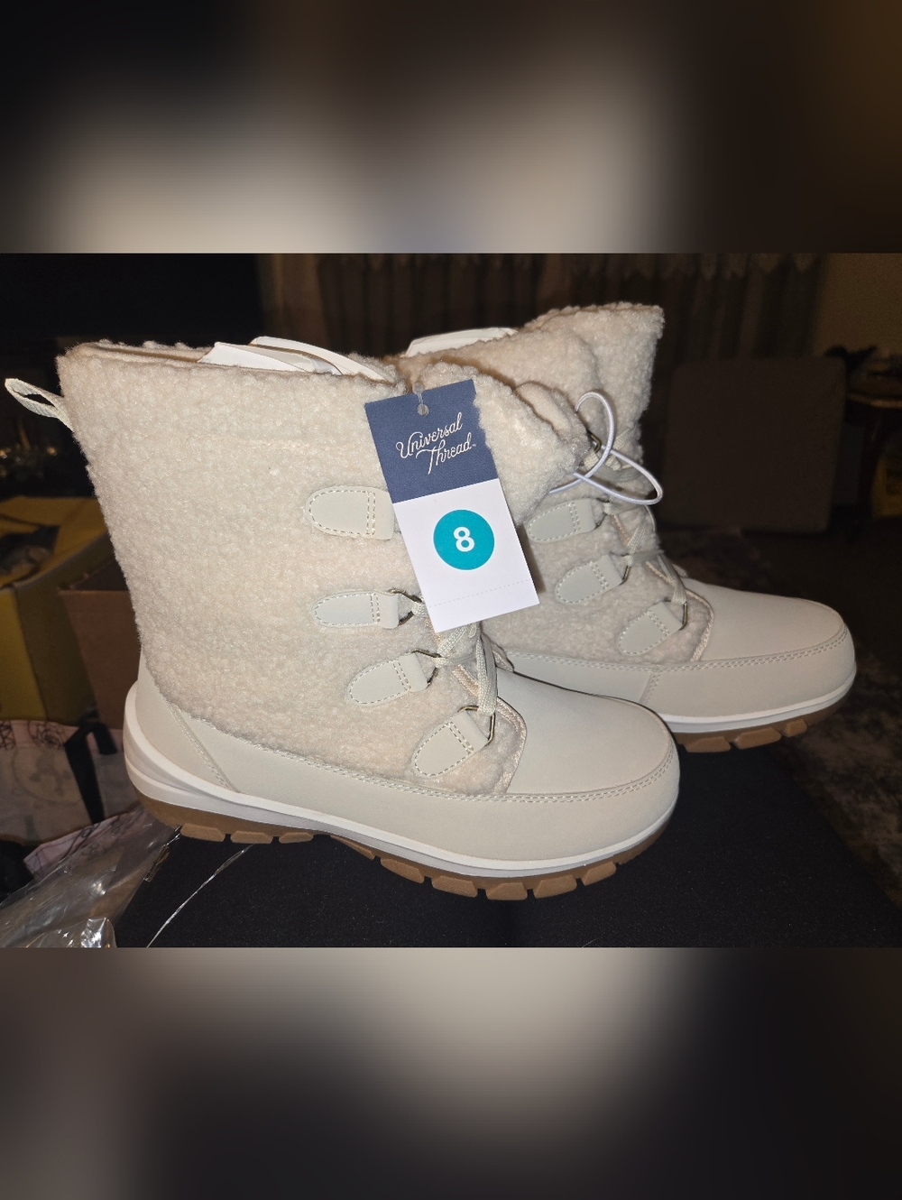 Universal Thread Cream Faux-Shearling Lace-Up Winter Boots